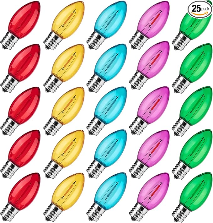 Brightown 25 Pack C9 LED Christmas Light Bulbs, Colored C9 Shatterproof LED Bulbs Replacement for Christmas String Lights, E17 Intermediate Base, Commercial Dimmable Holiday Multicolor Christmas Bulbs