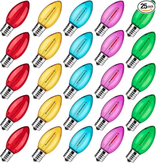 Brightown 25 Pack C9 LED Christmas Light Bulbs, Colored C9 Shatterproof LED Bulbs Replacement for Christmas String Lights, E17 Intermediate Base, Commercial Dimmable Holiday Multicolor Christmas Bulbs