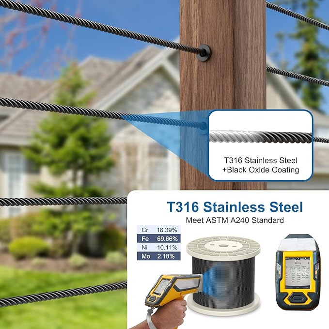 BLIKA 200FT 1/8" Black Stainless Steel Cable, T316 Marine Grade, Stainless Steel Wire Rope 7x7 Strand Construction, 1850lbs Breaking Strength Aircraft Cable for Deck Cable Railing, DIY Balustrades