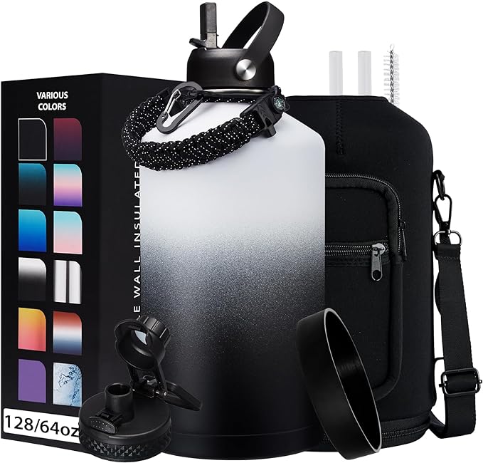 Insulated Water-Jug Gallon Water Bottles - with Straw & Spout Lids, Paracord Handle & Bottle Carrier, 128OZ Metal Gallon Water Bottle Large, Vacuum Thermo Jug Stainless Steel Water Flask Jug Outdoor