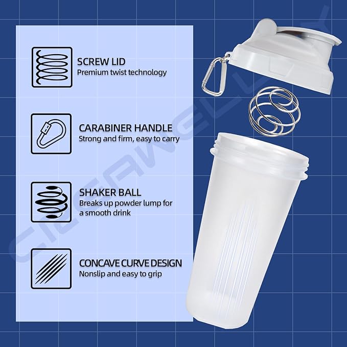 3 Pack Protein Shaker Bottle, 24 oz Protein Shaker Cup with Wire Shaker Ball for Pre Workout, Shake Bottle with Carrying Handle, BPA-Free & Dishwasher Safe (White, Pink, Blue)