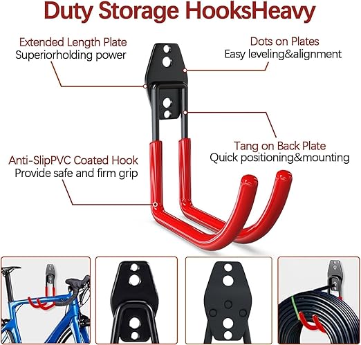 3-H Garage Wall Hooks 62 Pack, Heavy Duty Garage Hooks with Extra Welding Spots, Wall Mount Storage Organizer for Hanging Garden Lawn Tools, Ladder, Bike, WeedEater, Chair, Shovel, Blower (Red)