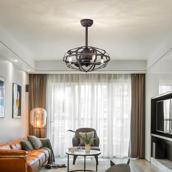 NicBex Ceiling Fan 20 Inch Indoor Industrial Ceiling Fan with Lights Ceiling Fans with 5 Blades and Remote Control Caged Ceiling Fan for Bedroom, Living Room, Matte Brown