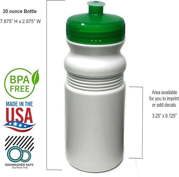 Rolling Sands 20 Ounce Sports Water Bottles 6 Pack, BPA-Free, Made In USA, Dishwasher Safe, White Bottles/Green Lids