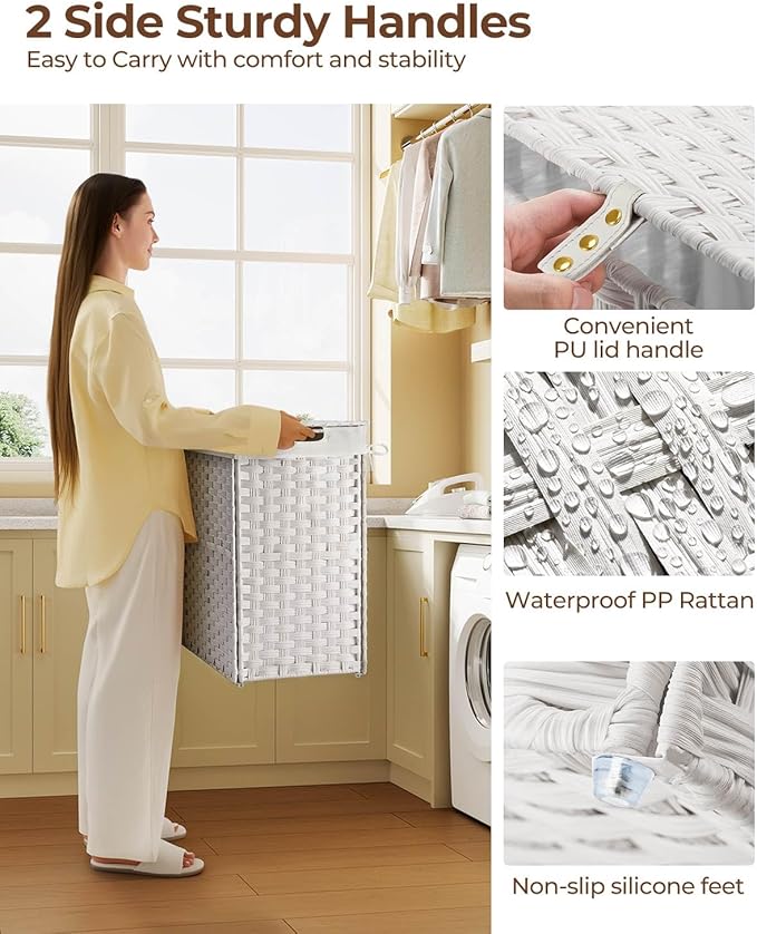 Greenstell Laundry Hamper with lid, No Install Needed, 130L Wicker Laundry Baskets Foldable 2 Removable Liner Bags, 2 Section Clothes Hamper Handwoven Rattan Laundry Basket with Handles, White