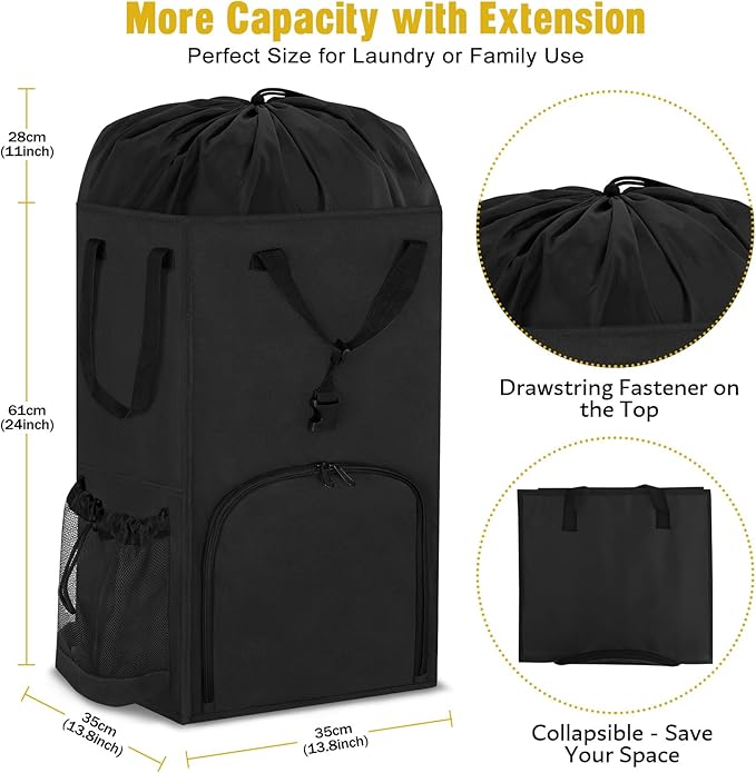 Laundry Bag Backpack Extra Large, 110L Laundry Backpack Heavy Duty with Shoulder Straps, Collapsible and Mesh Pocket Dorm Laundry Basket Hamper Bag for College, Travel, Laundromat, Apartment Black