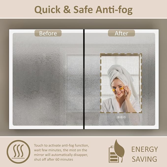 48x32 Inch Led Lighted Medicine Cabinet with Mirror, Recessed or Surface Mount Bathroom Medicine Cabinet, Anti-Fog, Adjustable Shelf, Dimmable Light, Outlets & USB, ETL Listed, Black