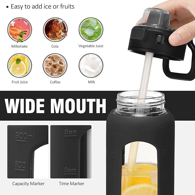 Kodrine Water Bottle with Soft Straw and Carry Loop, 32 oz Glass Water Bottle with Locking Lid, Clear Water Bottles Sports, Drinking Bottle for Travel Home Gym, Leakproof(Black)