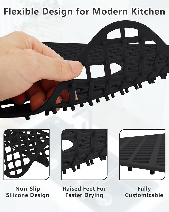 2 Pack Silicone Sink Protector for Kitchen Sink, Lozenge Pattern 12 x 11" Sink Grid Mat Silicone Protectors, Center Drain, Black
