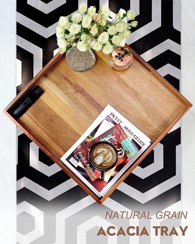 20 Inches Square Acacia Wood Ottoman Tray, Extra Large Wooden Serving Tray with Handles for Living Room, Serving Food Breakfast, Ottoman Coffee Table Couch Sofa Kitchen