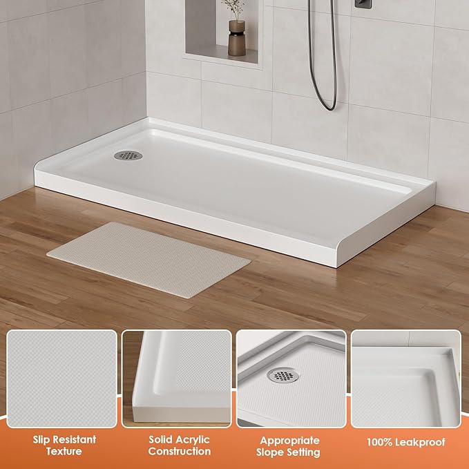 60"x 32" Shower Base, Left Drain Single Threshold Shower Pan with Slip Resistant Textured Surface, Stainless Steel Drain Cover（Left）