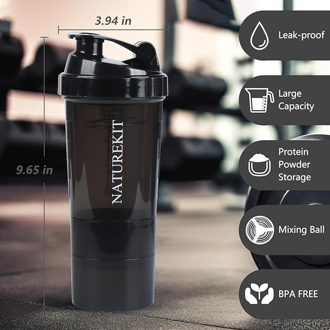 Shaker Bottle,Protein Shaker Bottle, 16 oz GYM Shaker Cup with shaker Ball,Shaker Cups for Protein Shakes, Drink Mixer Bottle with Storage,BAP Free,Leakproof，Black