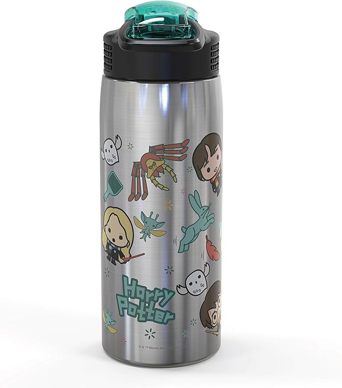 Zak Designs 27oz Harry Potter 18/8 Single Wall Stainless Steel Water Bottle with Flip-up Straw and Locking Spout Cover, Durable Cup for Sports or Travel (27oz, Harry Potter)