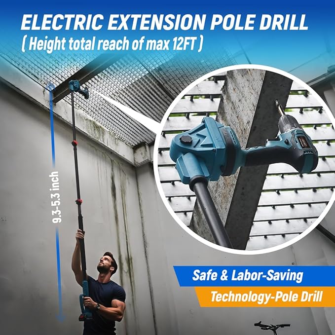 Cordless Telescoping Cleaning Tools&Power Drill with 2-Max 20V Batteries and 2.0A Charger 2-in-1 Cordless Pole Drill 5.3 to 15-Feet with 180° Telescoping Pole Include 7Pcs Drill Brushes