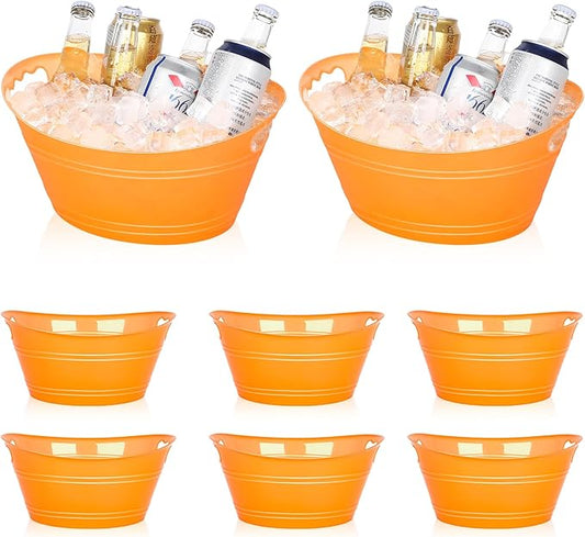 8Pcs Ice Bucket, Plastic Ice Buckets for Parties, Drink Buckets with Handles Beverage Buckets Oval Storage Plastic Tub for Wine Beer Champagne Bottles, 4.3Liter (set-4-orange)