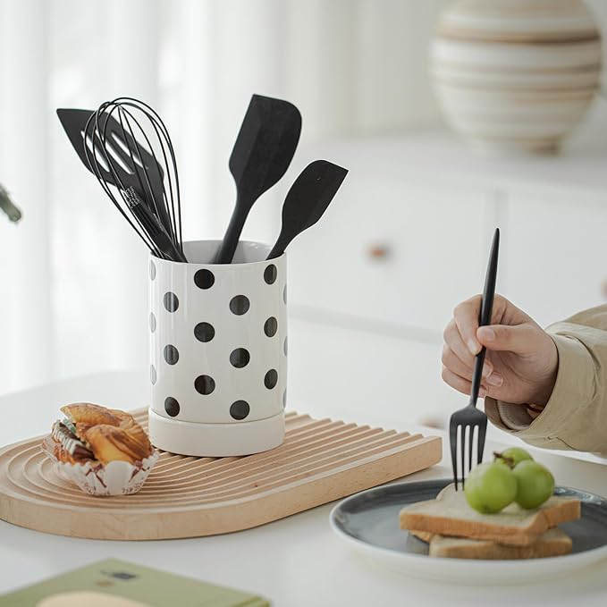 Small Utensil Holder for Kitchen Counter 4.1 x 6 Inches Ceramic Cooking Utensil Crocks Countertop Organizer Vintage Farmhouse Kitchen Decor Caddy,Dots
