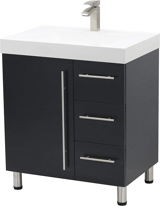 30" Freestanding Bathroom Vanity, Black Texture Embossed. White Integrated Countertop