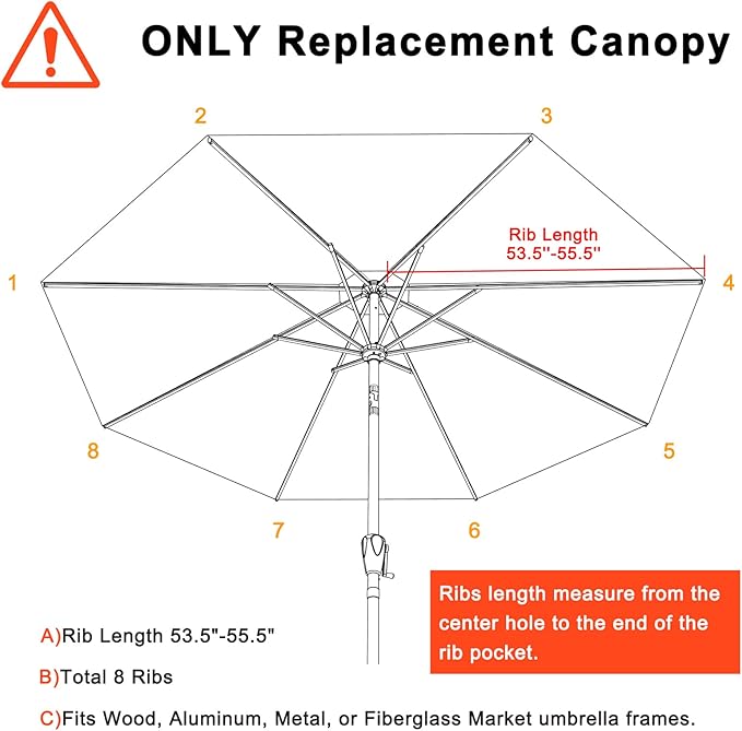 MASTERCANOPY 10-Year-Non-Fading 9FT Patio Umbrella Replacement Canopy-Grey Canopy Only
