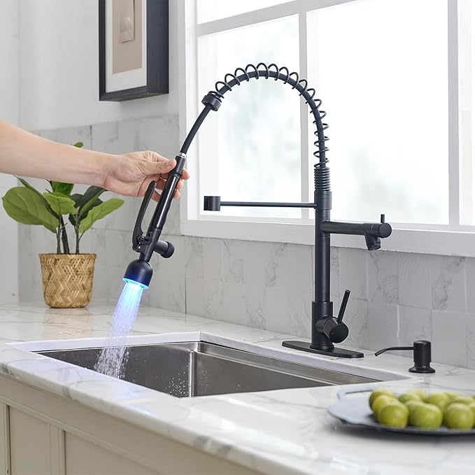 Fapully Commercial Kitchen Faucets with Pull Down Sprayer Matte Black LED Single Handle Faucet for Kitchen Sink, Kitchen Faucet with Soap Dispenser and Deck Plack for 4 Hole