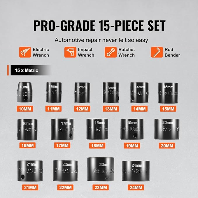 VEVOR Drive Impact Socket Set 3/8" - 15 Piece Ultra-Short Socket Set Metric 10-24mm - 6 Point Cr-Mo Alloy Steel for Auto Repair - Easy-to-Read Size Markings - Rugged Construction Socket Organizer