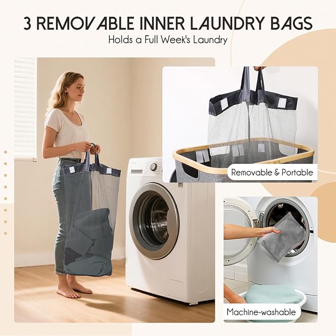 160L Laundry Sorter Hamper with Lid, 3 Section Extra Large Dirty Clothes Basket with Handles, 3 Removable Liner Bags & Labels, Gray