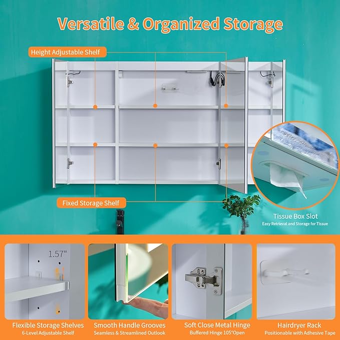 VINGLI LED Lighted Medicine Cabinet with Intelligent Mirror, Bluetooth Speaker, Weather & Temp Display, Anti-Fog, Built-in Outlet & USB, Large 3-Door Bathroom Mirror Cabinet,48 Inch, Need Assembly