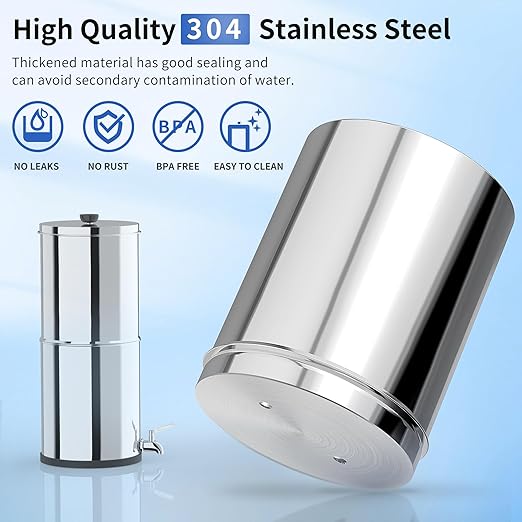 Gravity-Fed Water Filter System 2.25G Stainless Steel Countertop Water Filtration System with 2 Carbon Filters Reduce Lead and 99% Chlorine Conforms to NSF/ANSI 42&372 Standards Portable