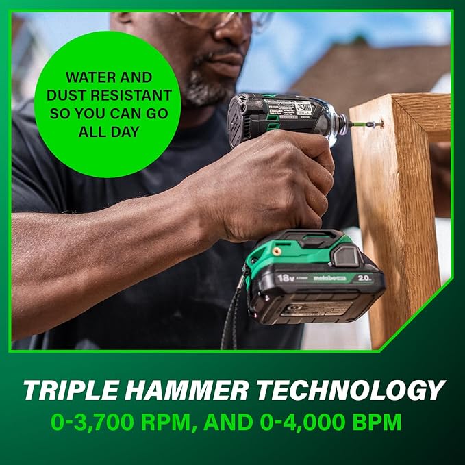 Metabo HPT 18V MultiVolt Cordless Triple Hammer BOLT Impact Driver Set, Power Impact Driver Kit with Case, 2 Lithium-Ion Batteries and Charger, 1/4-Inch Chuck, Compact LightWeight Power Tool, WH18DC