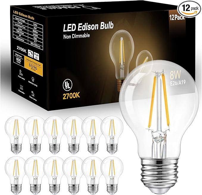 dalattin A19 Vintage LED Edison Bulbs, 60W Equivalent Light Bulbs, 2700K Soft White, Clear Glass Filament Bulb, Efficient 8W, E26 Base, 800 LM, CRI80+, Non-Dimmable for Home, Farmhouse, 12 Pack