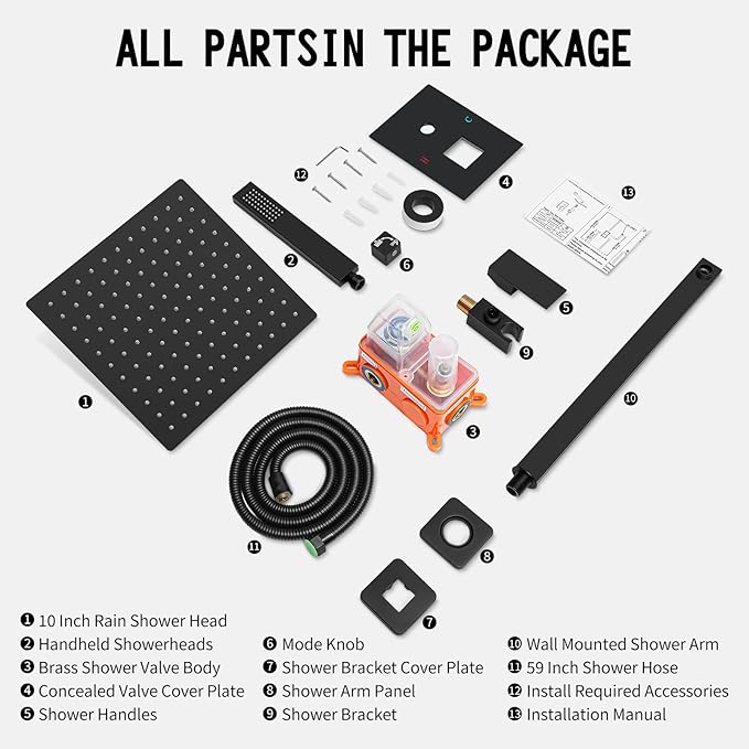 Bathroom Shower Faucet Set，10 Inch Rain Shower Head with Handheld Spray，Brass Shower Valve Trim Kit，Wall Mounted Square Rain Shower System (Matte black)