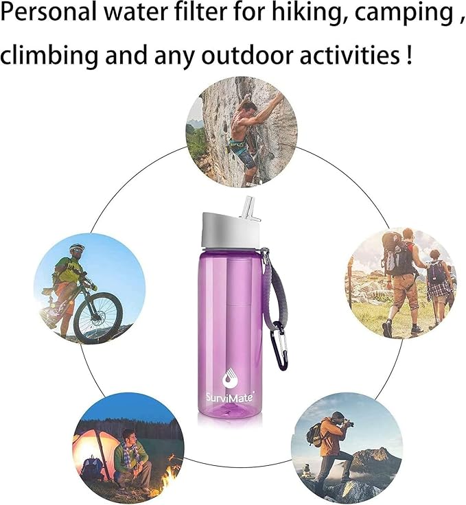 SurviMate 0.01μm Ultra-Filtration Filtered Water Bottle, Portable Water Filter Bottle with 4-Stage Filtration for Survival, Camping, Hiking, Backpacking, Drinking, Emergency
