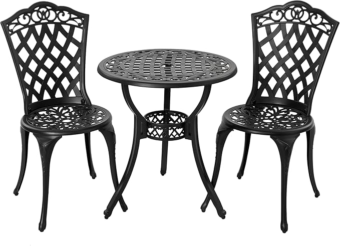 NUU GARDEN 3-Piece Patio Bistro Set Outdoor Cast Aluminum Bistro Table and Chairs Set of 2, Outdoor Patio Bistro Set with Umbrella Hole for Patio Balcony, Black