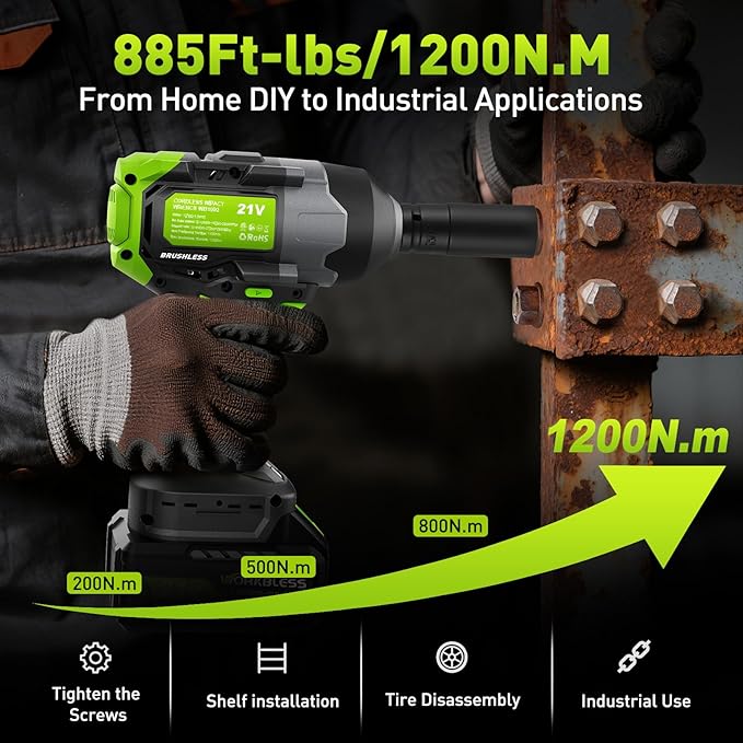 1/2 Impact Gun, 1200Nm (885Ft-lbs) High Torque Brushless, Cordless Impact Wrench with 20V 4Ah Battery, 3-Speed, 4 Cr-V Sockets, LED Light, Variable Speeds, Electric Wrench for Car Tire, Mower Lug Nut
