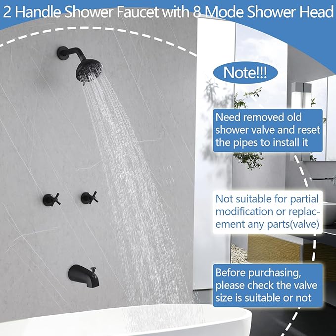 2 Handles Shower Faucet Set with Tub Spout Bathtub Shower Faucet Combo Set Shower System Complete Tub and Shower Trim Kit Wall Mounted Shower Fixtures Matte Black