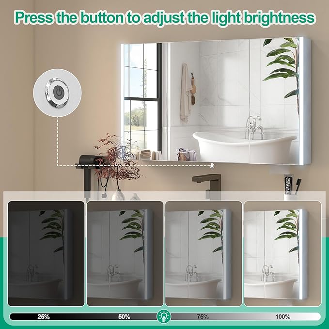40x28 Inch Medicine Cabinet with Light, AL Alloy Frame, Full-Assembled Bathroom Mirror Cabinet with Brightness Adjustable and Storage, Led Medicine Cabinet Mirrored with Recessed, Sliver