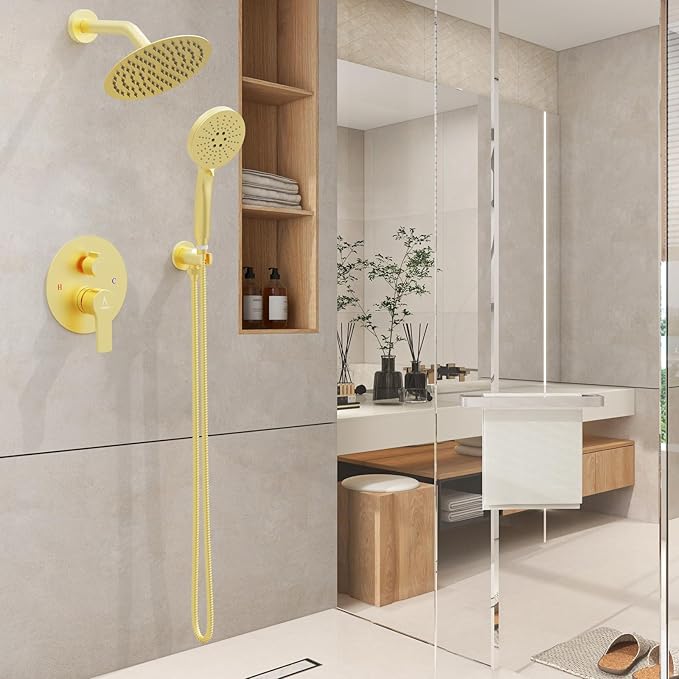 Shower Faucet Set Brass 8IN Rough-In Valve Body Trim Kit Rainfall Included Handle Accessories Complete 2 Functions with Rain Head and Handheld Bathroom Systems (8‘’, Brushed Gold)
