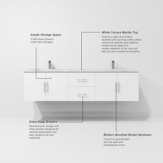 Sonoma 72 in. x 22 in. D Glossy White Double Bath Vanity and Carrara Marble Top