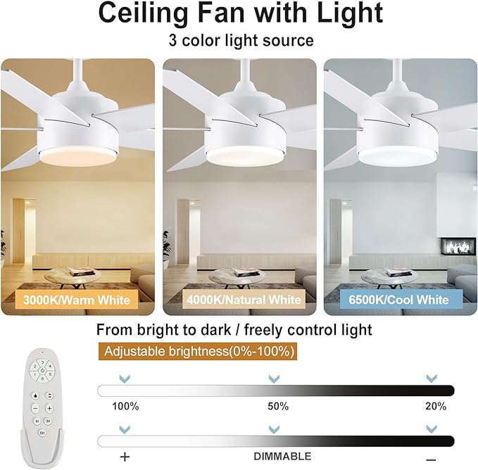 52 inch White Ceiling Fans with Lights and Remote, Wooden 5 Blades LED Modern Ceiling Fan for Bedroom, Living Room, Dining Room, 3 CCT 6-Speed Quiet Reversible