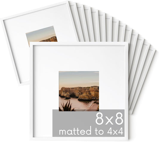 HAUS AND HUES 8x8 White Metal Picture Frames Matted to 4x4 - Features Premium Aluminum & Hanging Hardware, Shatterproof Plexiglass - Ideal for Home, Room, Office (8x8 in, White, Set of 15)