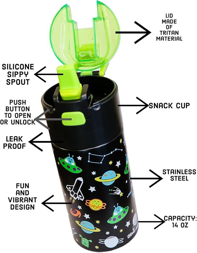 Kids insulated water bottle with straw and snack cup. Double wall stainless steel 14oz (Hot peach and light turquoise green rainbow)