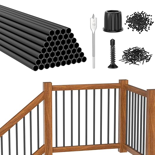 CKE 50 Pack 36" Round Aluminum Deck Balusters, 3/4" Diameter Hollow Round Black Aluminum Balusters for Deck Railing, Metal Deck Baluster Stair Spindles with Screws/Conectors for Railing Fencing R36