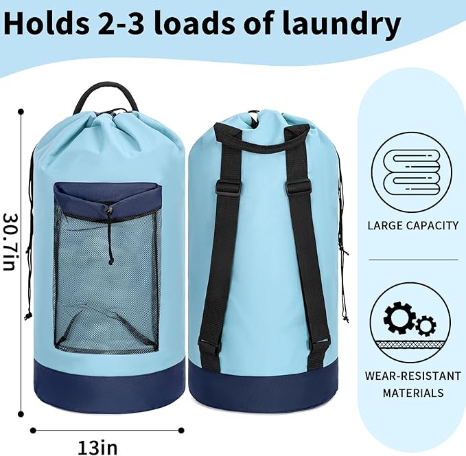 Laundry Bag Backpack with Shoulder Straps and Mesh Pocket Foldable Laundry Hamper for College, Apartment, Laundromat (Light Blue)