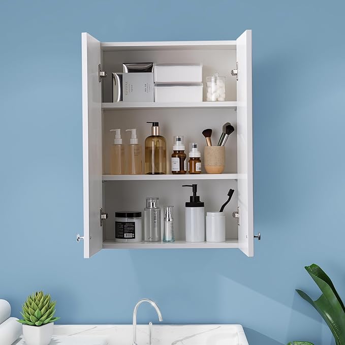 White Wall Mount Cabinet, MDF Over The Toilet Storage Cabinet with Adjustable Shelves, Space Saver 2 Door Medicine Cabinet for Bathroom Laundry Kitchen, 19x 27in, No Paint Odor