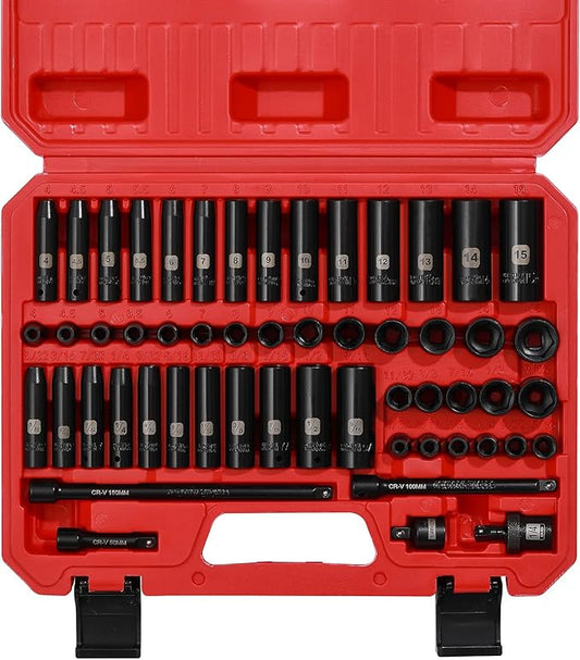 Mayouko 55PCS 1/4 Inch Drive Master Impact Socket Set, Metric/SAE, Deep/Shallow, 6 Point, CR-V, 5/32 Inch - 9/16 Inch, 4mm - 15mm, With Extensions,Adapters,Universal Joint