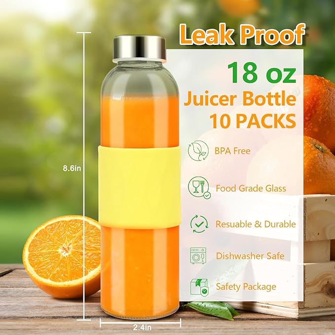 Clear Glass Water Bottles with Silicone Sleeve and Lids 18 oz, Reusable Glass Juice Bottles with Stainless Steel Airtight Cap for Juicing, Leak Proof Drinking Bottles, BPA Free, Set of 10