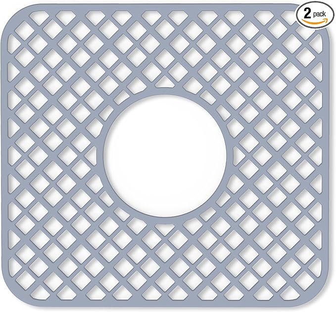 2 Pack Silicone Sink Protector for Kitchen Sink, Lozenge Pattern 12 x 11" Sink Grid Mat Silicone Protectors, Center Drain, Gray