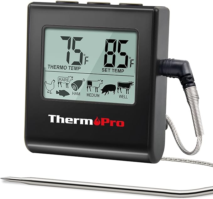 ThermoPro TP16 Large LCD Digital Meat Thermometer for Cooking, Smoking, Grilling, BBQ Food Thermometer with Clock Timer and Stainless Steel Probe, Black