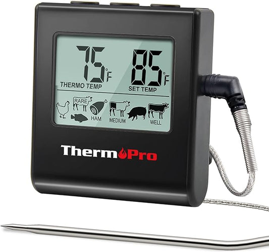 ThermoPro TP16 Large LCD Digital Meat Thermometer for Cooking, Smoking, Grilling, BBQ Food Thermometer with Clock Timer and Stainless Steel Probe, Black