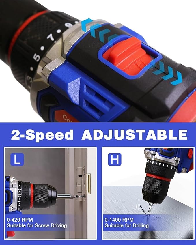 Aspro Cordless Drill Set, 16.8v Brushless Power Drill Cordless Drill with Battery and Charger, 2 Variable Speed, 3/8'' Keyless Chuck, Built-In LED, Versatile Small Drills for DIY Projects