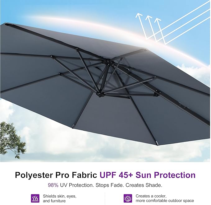 PURPLE LEAF 10 Feet Patio Umbrella Outdoor Cantilever Round Umbrella Aluminum Offset Umbrella with 360-degree Rotation for Garden Deck Pool Patio Light Grey